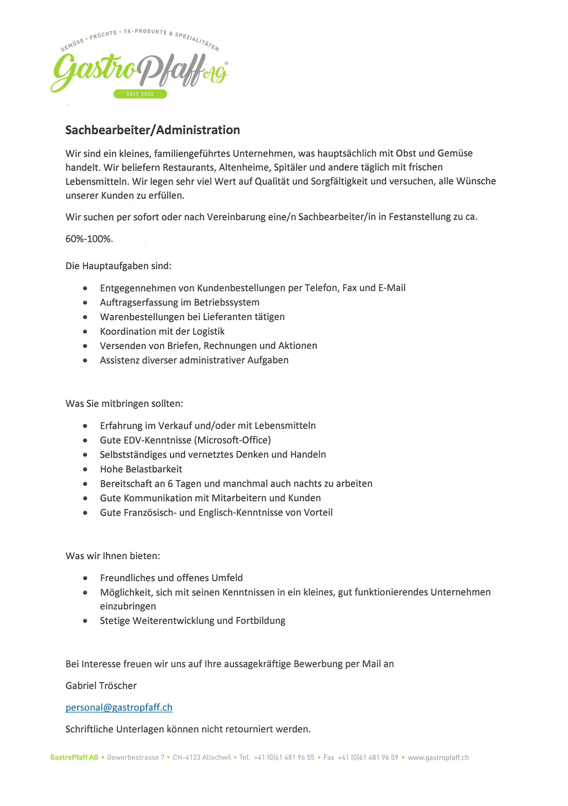 Stellenausschreibung Sachbearbeiterin Bestellwesen 25.05.2023