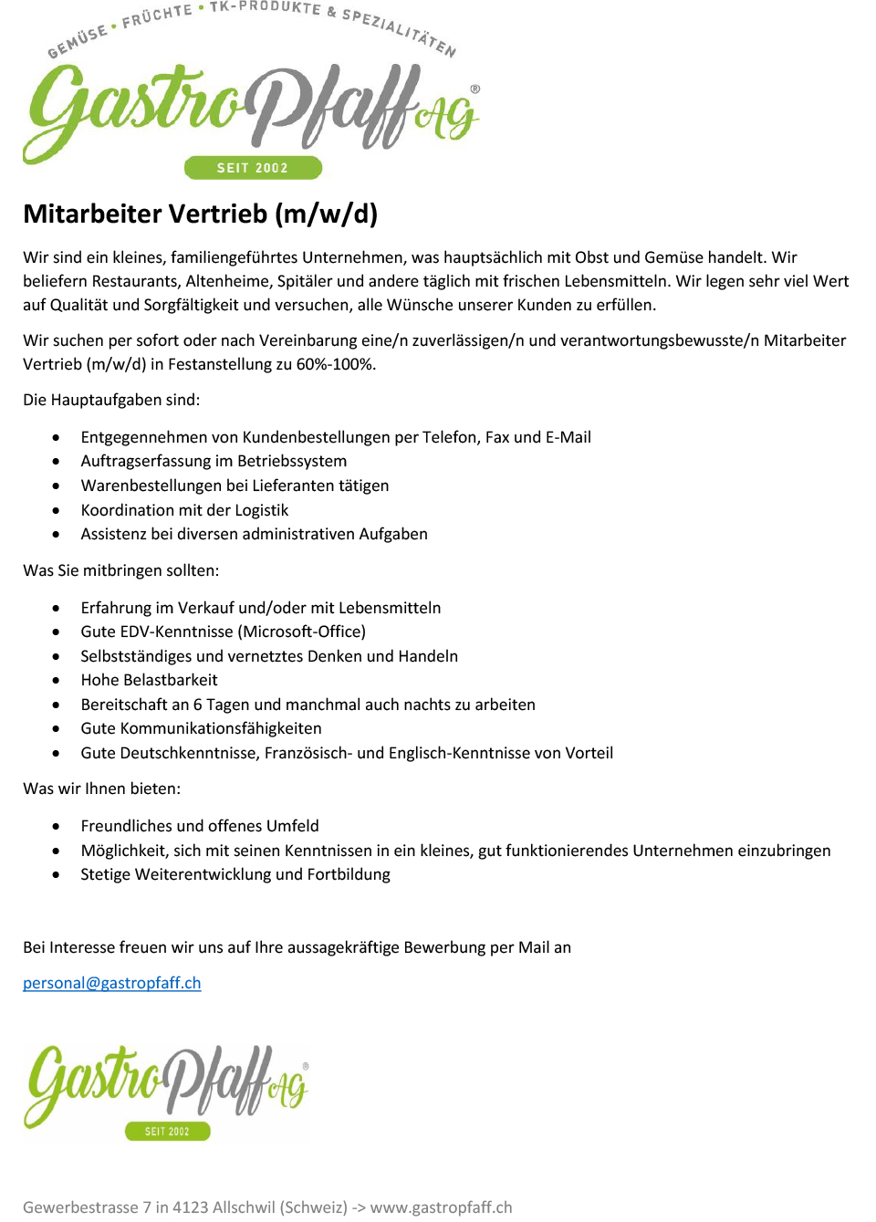 Stellenausschreibung Mitarbeiter Vertrieb